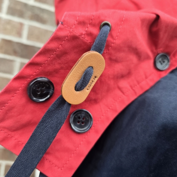 Coach Red Navy Hooded Trench Coat Women’s Medium Colorblock Button Front - Picture 6 of 9